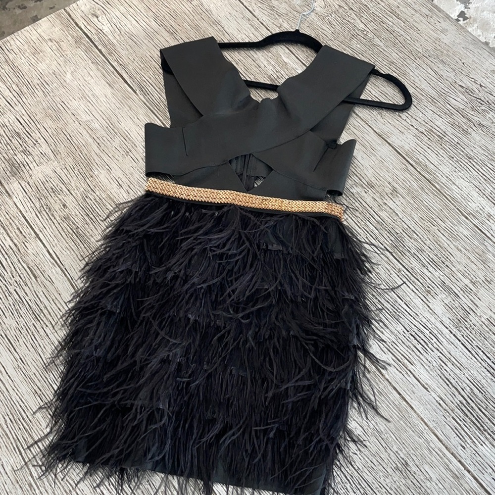 Black feathered mini dress